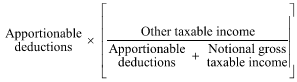 Start formula Apportionable deductions times open bracket start fraction Other taxable income over Apportionable deductions plus Notional gross taxable income end fraction close bracket end formula