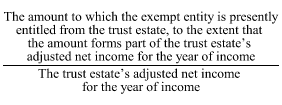 Start formula start fraction The amount to which the exempt entity is presently entitled from the trust estate, to the extent that the amount forms part of the trust estate's adjusted net income for the year of income over The trust estate's adjusted net income for the year of income end formula end fraction