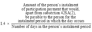 Start formula 1.4 times start fraction Amount of the person's instalment of participation payment that would, apart from subsection 42SA(2), be payable to the person for the instalment period in which the day occurs over Number of days in the person's instalment period end fraction end formula