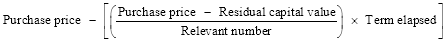 Start formula Purchase price minus open square bracket open round bracket start fraction Purchase price minus Residual capital value over Relevant number end fraction close round bracket times Term elapsed close square bracket end formula