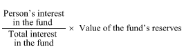Start formula start fraction Person's interest in the fund over Total interest in the fund end fraction times Value of the fund's reserves end formula