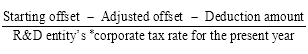 Start formula start fraction Starting offset minus Adjusted offset minus Deduction amount over R&D entity's *corporate tax rate for the present year end fraction end formula