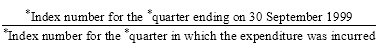 Start formula start fraction *Index number for the *quarter ending on 30 September 1999 over *Index number for the *quarter in which the expenditure was incurred end fraction end formula
