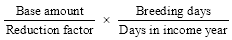 Start formula start fraction Base amount over Reduction factor end fraction times start fraction Breeding days over Days in income year end fraction end formula