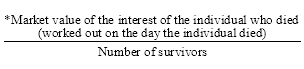 Start formula start fraction *Market value of the interest of the individual who died (worked out on the day the individual died) over Number of survivors end fraction end formula