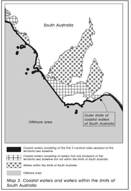 Map 3 showing coastal waters and waters within the limits of South Australia