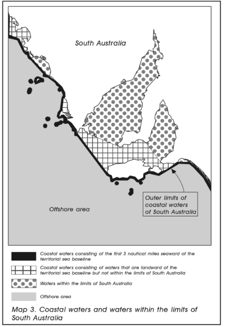 Map 3 zooms in and illustrates coastal waters and waters within the limits of South Australia