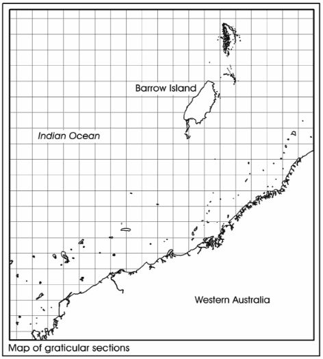 Simplified map illustrating graticular sections off the coast of Western Australia in the vicinity of Barrow Island