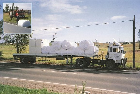 Truck carrying insufficiently restrained rolls of bubble wrap. Inset: A roll of bubble wrap is lost due to poor restrain