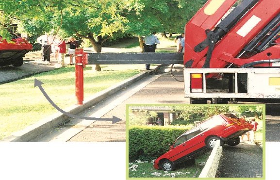 Photo of a crane leg extended and a car pushed into a suburban front yard
