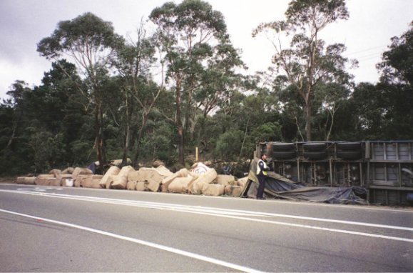 Photo of a rolled vehicle and bulk load in sacks thrown out of the vehicle on the road.