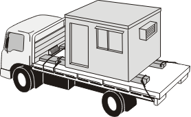 A portable building is restrained on a truck