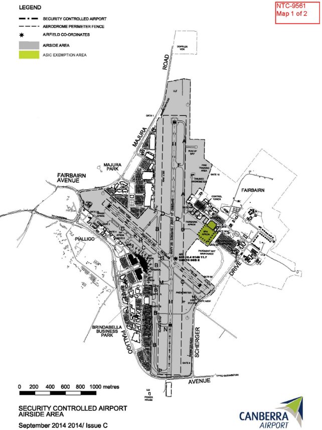 This is a map [map 1 of 2] of Canberra Airport which has been declared as a security controlled airport under the Aviation Transport Security Act 2004. The map depicts an area that is exempt from the requirement to display an Aviation Security Identification Card (ASIC) in accordance with notice NTC-9561 issued under regulation 3.08 the Aviation Transport Security Regulations 2005.