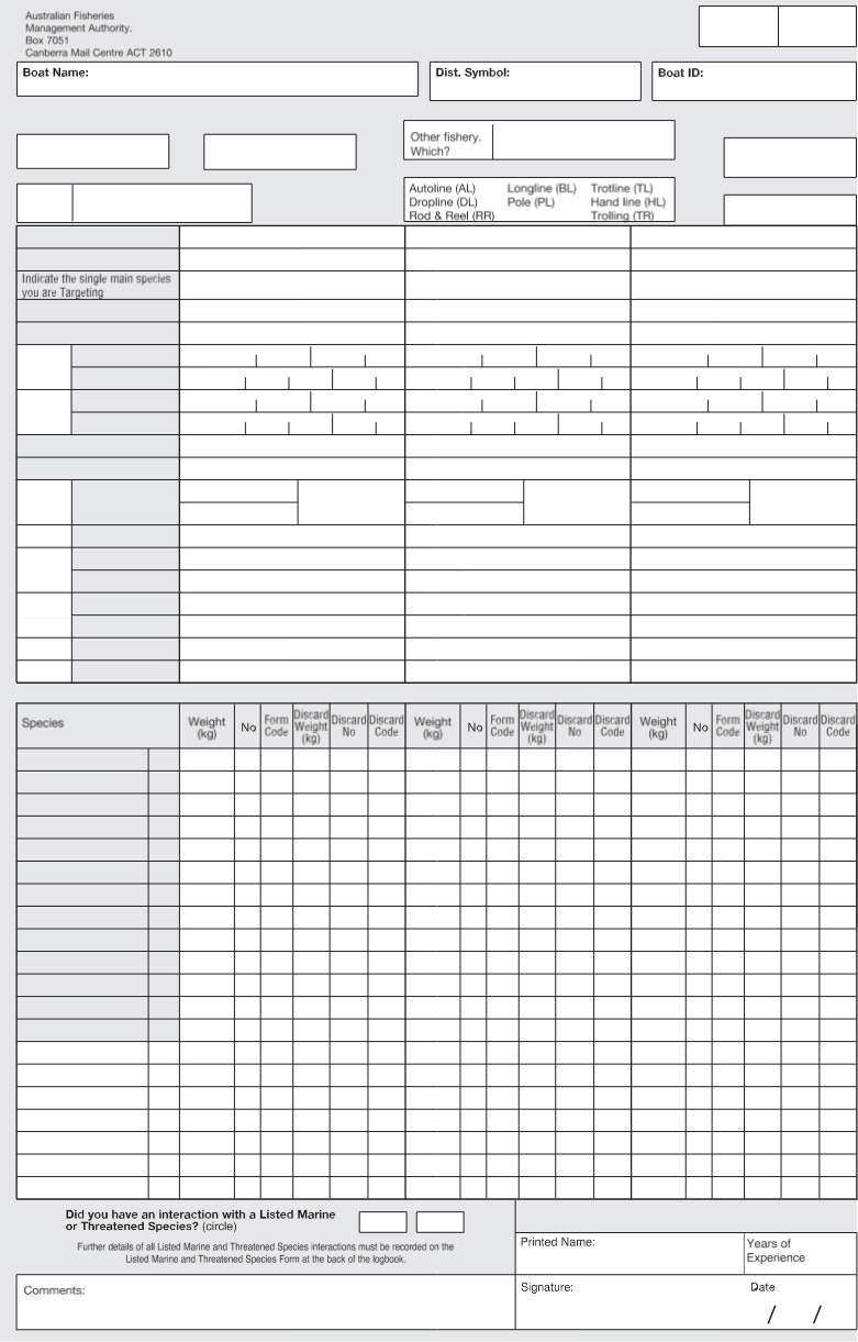 Requests information relating to fishing activities for the LN01B daily fishing logbook.