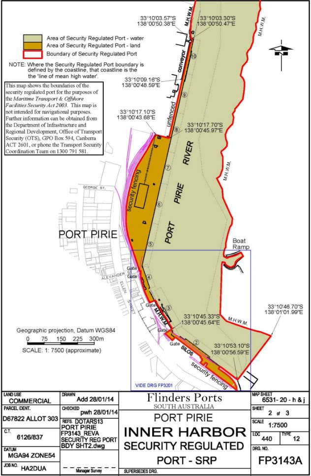 This is a map [map 2 of 3] of the Port of Pirie which has been declared a security regulated port. The map shows the boundaries of the security regulated port for the purposes of section 13 of the Maritime Transport and Offshore Facilities Security Act 2003.