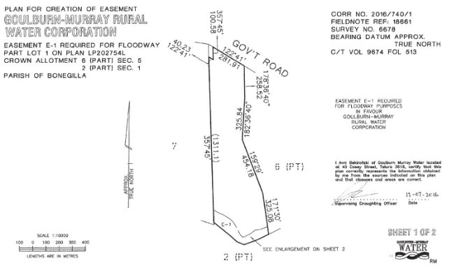 A plan drawing of easement E-1 required for floodway in the parish of Bonegilla