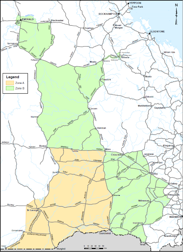Map showing Zones A and B