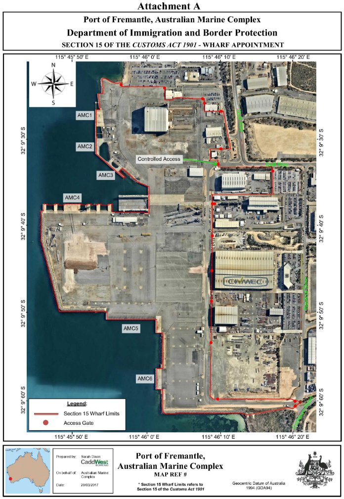 Section 15 Fremantle Marine Complex

This map shows the wharf limits proclaimed under section 15 of the customs Act 1901.Further infromation can be obtained from The Department of Immigration and Border Protection Services 5 Constitution Ave Canberra ACT 2600.