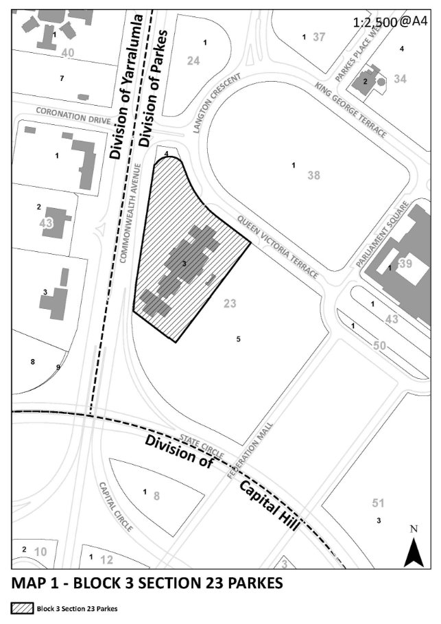 A map of Block 3 Section 23 Parkes at the intersection of Langton Crescent and Queen Victoria Terrace in the Divisiion of Parkes
