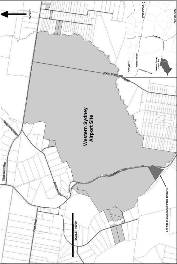 The map shows that Lot 105 is a traingle shape, bordering The Northern Road, located at the south-western edge of the Western Sydney Airport site. The land is bordered by the airport site to the north-west and by The Northern Road to the east. The map also includes a smaller map indicating that the land is west of Parramatta and Liverpool and south of Penrith.
