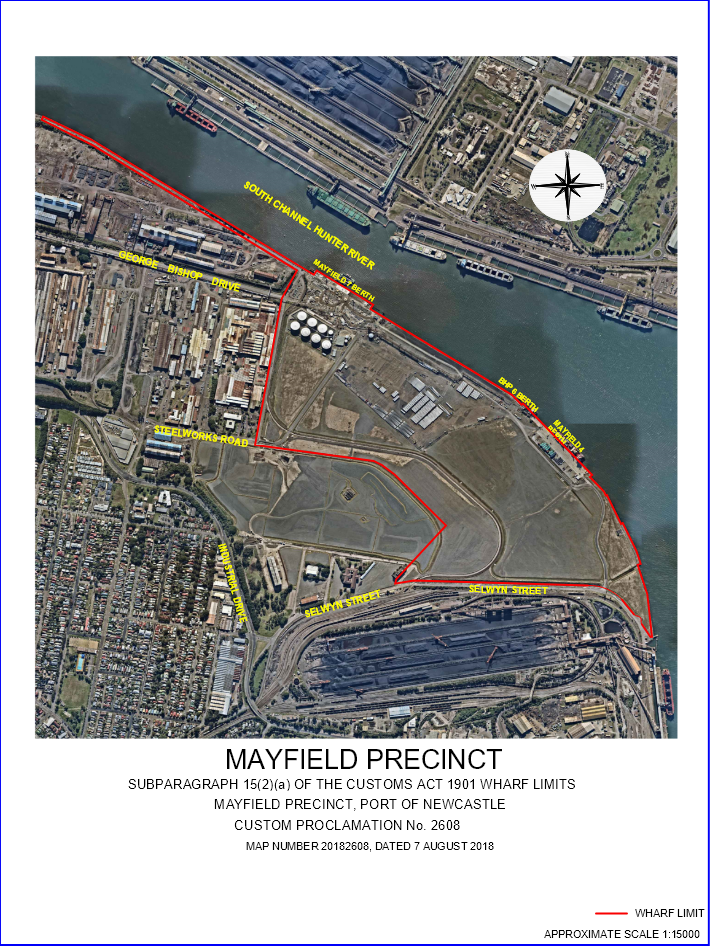 This map shows the wharf limits proclaimed under section 15(2)(a) of the Customs Act 1901.

Further information can be obtained from the Department of Home Affairs.
