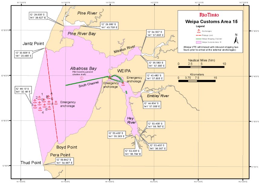 The area shaded in pink on this map shows the boundary of the Port of Weipa in far noth Queensland.