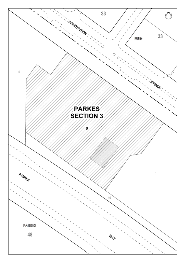 This is the plan referred to in the Revocation of Declaration of National Land notice for Block 8 Section 3 Parkes (Block 8).  The plan establishes the location of Block 8.