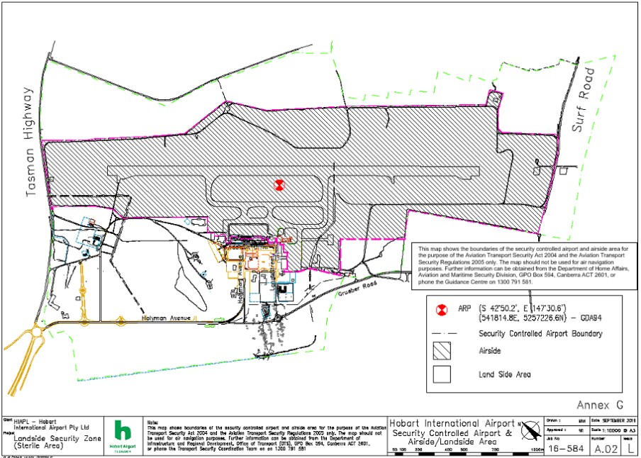 This is a map of Hobart Airport which
has been declared a security controlled airport. The map establishes airport
boundaries and airside areas for the purposes of section 28 and section 29
of the Aviation Transport Security Act 2004.