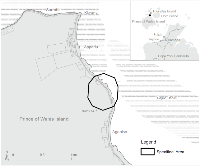 Map showing the specified area within ‘Apparrlu’ on Murulag (or Prince of Wales Island), Qld