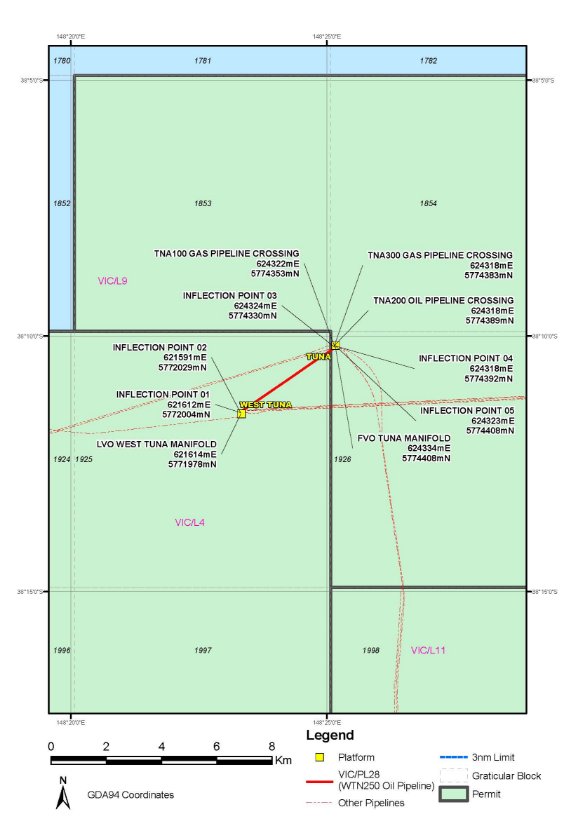 Map depicting route of pipeline licence VIC/PL28 commencing at West Tuna platform and terminating and Tuna platform.