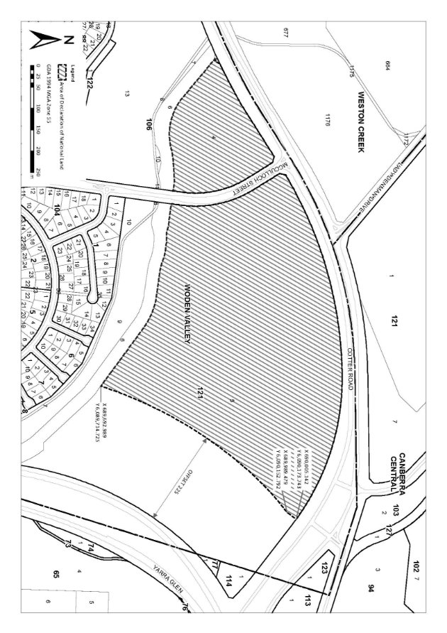 Drawing showing the area of land declared as National Land in the northern part of the suburb of Curtin, Australian Capital Territory. The land declared as National Land is generally bound by Cotter Road, a line approximately parallel and at a distance of 225 metres from Yarra Glen, and Yarralumla Creek.