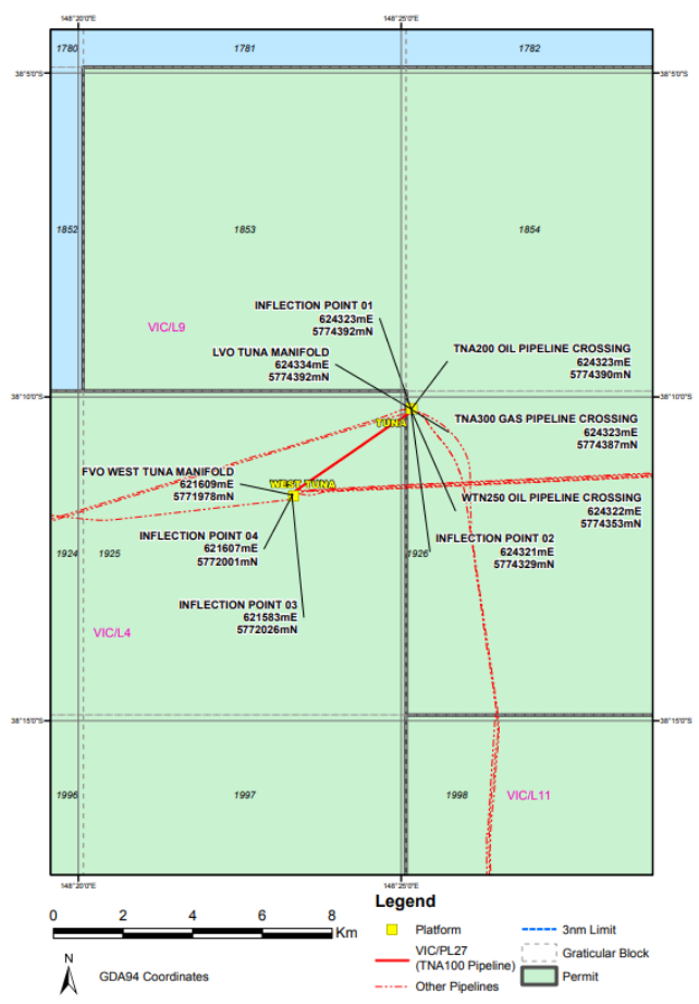 Map depicting route if Pipeline Licence VIC/PL27 starting at West Tuna platform and ending at Tuna A platform.