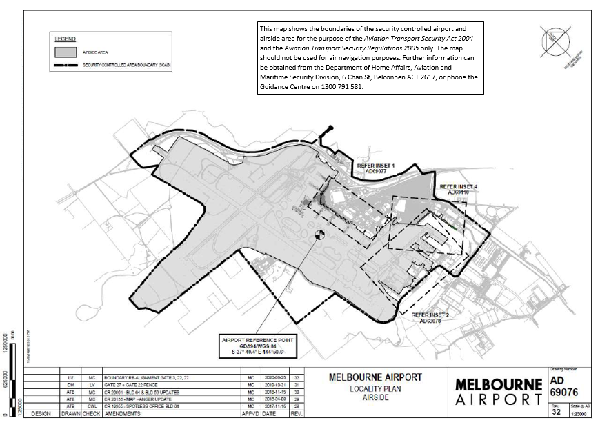 This is Map 1 of 9 - of Melbourne Airport which has been declared a security controlled airport. The map establishes airport boundaries and airside areas for the purposes of section 28 and section 29 of the Aviation Transport Security Act 2004.