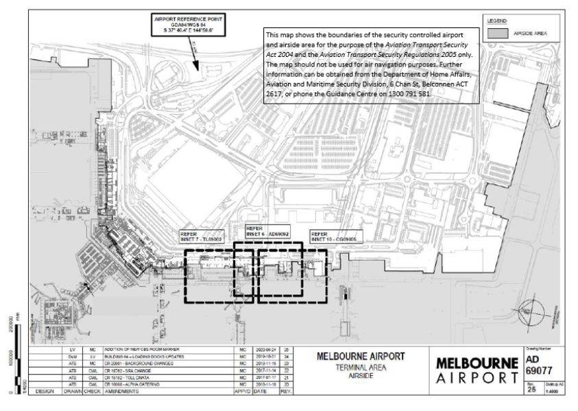 This is Map 2 of 9 - of Melbourne Airport which has been declared a security controlled airport. The map establishes airport boundaries and airside areas for the purposes of section 28 and section 29 of the Aviation Transport Security Act 2004.