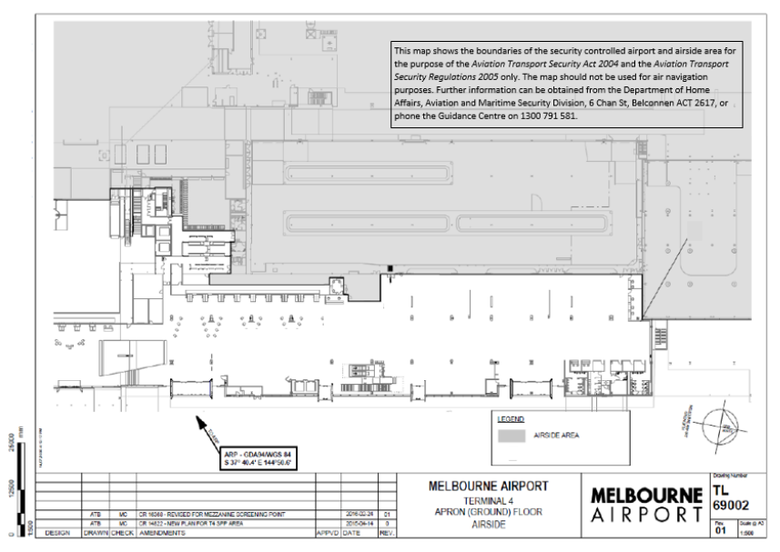This is Map 3 of 9 - of Melbourne Airport which has been declared a security controlled airport. The map establishes airport boundaries and airside areas for the purposes of section 28 and section 29 of the Aviation Transport Security Act 2004.