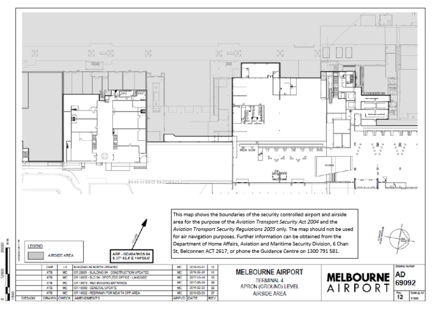 This is Map 4 of 9 - of Melbourne Airport which has been declared a security controlled airport. The map establishes airport boundaries and airside areas for the purposes of section 28 and section 29 of the Aviation Transport Security Act 2004.