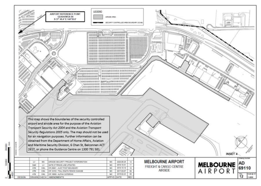 This is Map 7 of 9 - of Melbourne Airport which has been declared a security controlled airport. The map establishes airport boundaries and airside areas for the purposes of section 28 and section 29 of the Aviation Transport Security Act 2004.