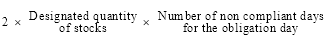 Start formula 2 times Designated quantity of stocks times Number of non compliant days for the obligation day end formula