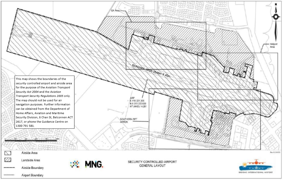 This is Map 1 of 4 - of Broome International Airport which has been declared a security controlled airport. The map establishes airport boundaries and airside areas for the purposes of section 28 and section 29 of the Aviation Transport Security Act 2004.