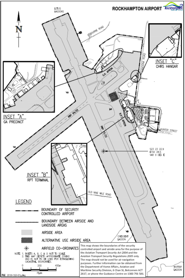 This is Map 1 of 1 - of Rockhampton Airport which has been declared a security controlled airport. The map establishes airport boundaries and airside areas for the purposes of section 28 and section 29 of the Aviation Transport Security Act 2004.