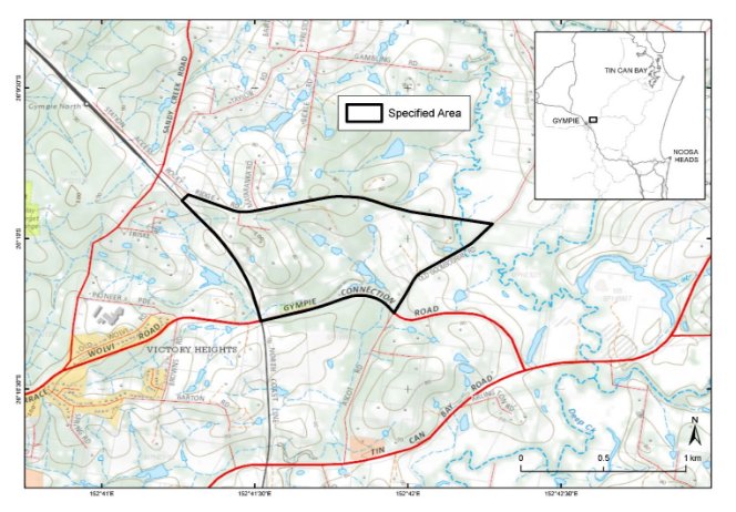Figure one - A map showing the specified area of Djaki Kundu (also known as Rocky Ridge), near Gympie, Queensland