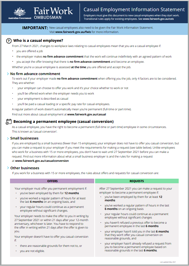 Image of page 1 of 2 of the Casual Employment Information Statement. 
The Casual Employment Information Statement can be downloaded at www.fairwork.gov.au/CEIS
