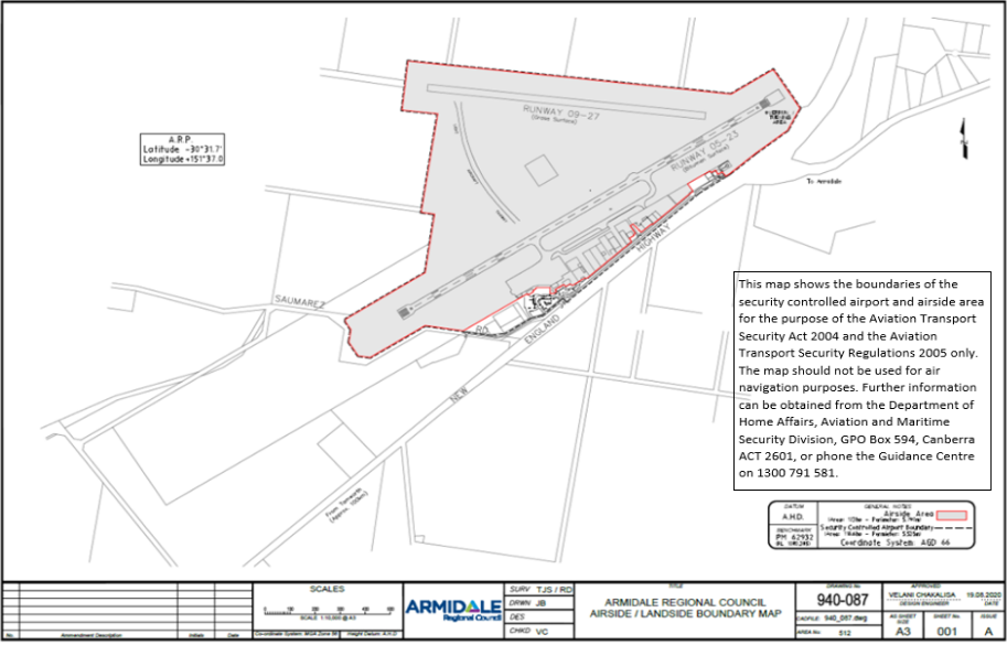 This is a map [map 1 of 2] of Armidale Regional Airport which has been declared a security controlled airport. The map establishes airport boundaries and airside areas for the purposes of section 28 and section 29 
of the Aviation Transport Security Act 2004. 