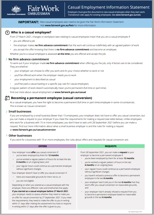 Image of page 1 of 2 of the Casual Employment Information Statement. 
The Casual Employment Information Statement can be downloaded at www.fairwork.gov.au/CEIS