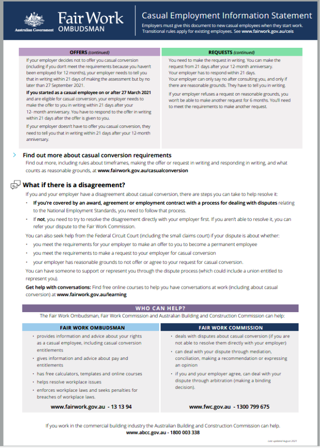 Image of page 2 of 2 of the Casual Employment Information Statement. 
The Casual Employment Information Statement can be downloaded at www.fairwork.gov.au/CEIS