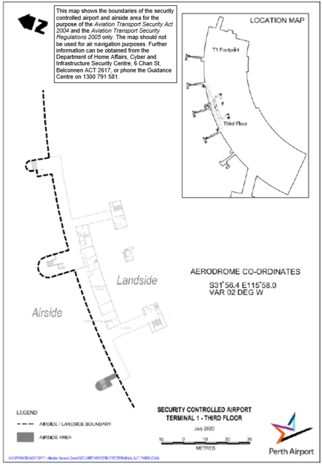 This is a map [map 5 of 12] of Perth Airport] which has been declared a security controlled airport. The map establishes airport boundaries and airside areas for the purposes of section 28 and section 29 of the Aviation Transport Security Act 2004.