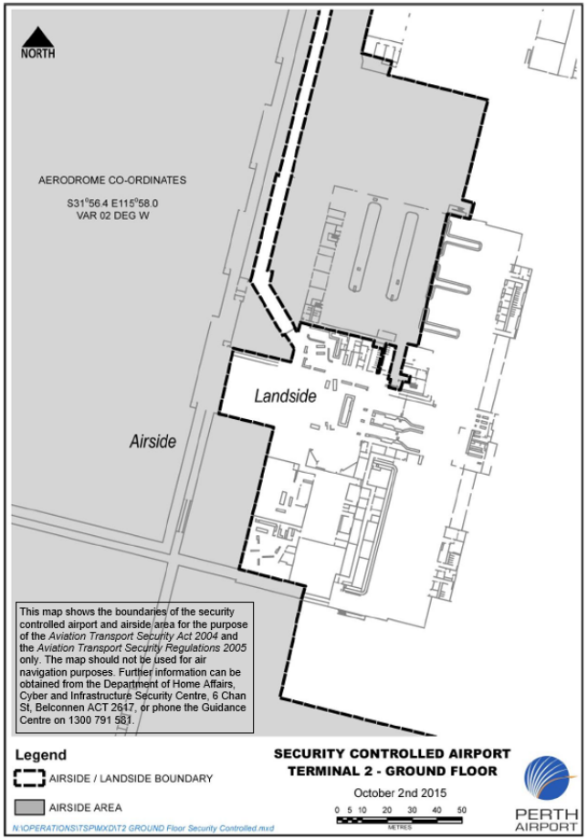 This is a map [map 8 of 12] of Perth Airport] which has been declared a security controlled airport. The map establishes airport boundaries and airside areas for the purposes of section 28 and section 29 of the Aviation Transport Security Act 2004.