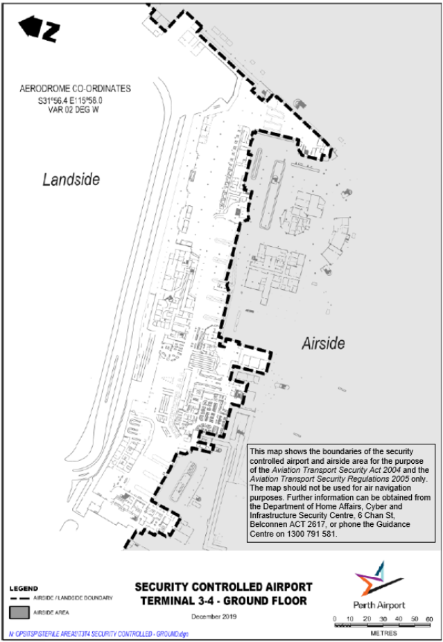 This is a map [map 10 of 12] of Perth Airport] which has been declared a security controlled airport. The map establishes airport boundaries and airside areas for the purposes of section 28 and section 29 of the Aviation Transport Security Act 2004.