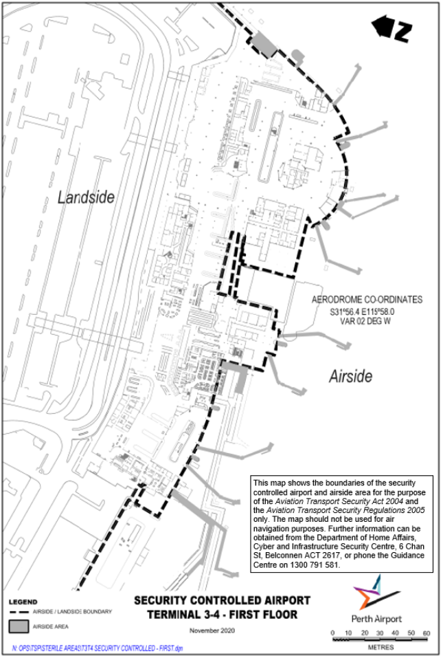 This is a map [map 11 of 12] of Perth Airport] which has been declared a security controlled airport. The map establishes airport boundaries and airside areas for the purposes of section 28 and section 29 of the Aviation Transport Security Act 2004.