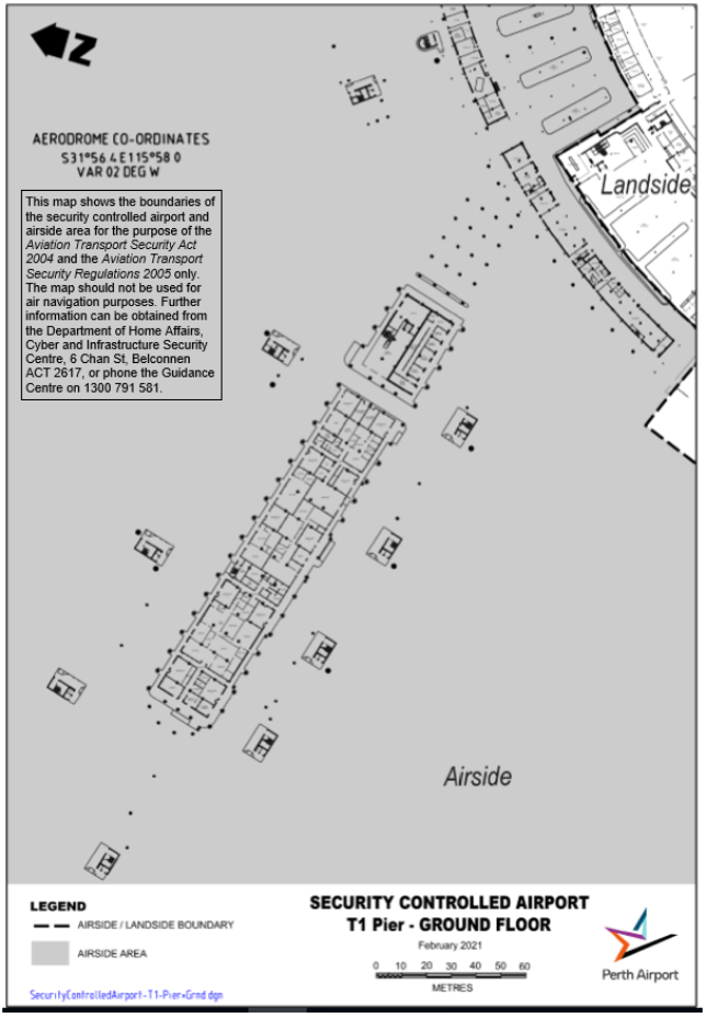 This is a map [map 6 of 12] of Perth Airport] which has been declared a security controlled airport. The map establishes airport boundaries and airside areas for the purposes of section 28 and section 29 of the Aviation Transport Security Act 2004.